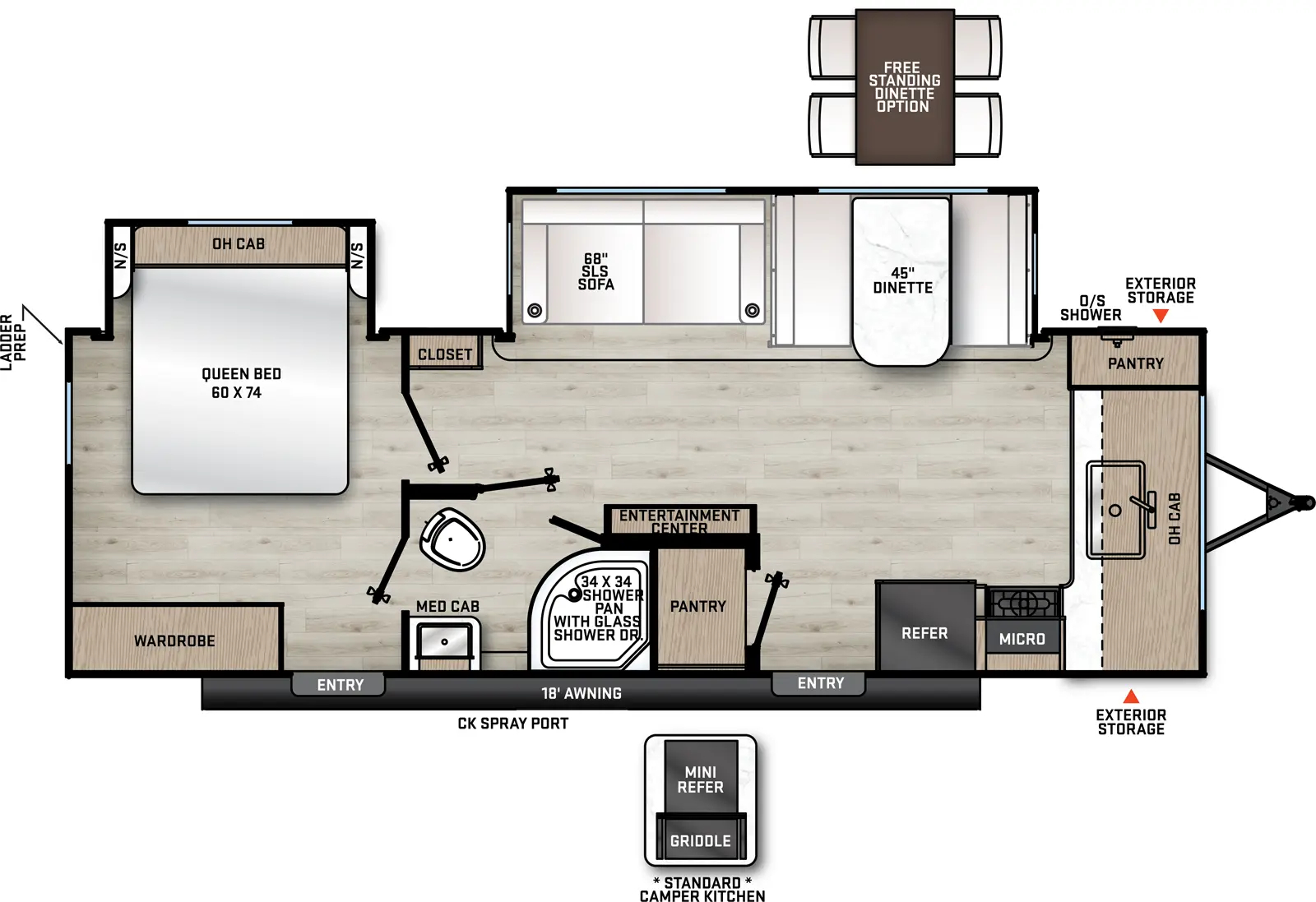 The Aurora 260FKDS floorplan has two entries and two slide outs. Exterior features include: metal exterior, 18' awning and outside kitchen. Interiors features include: front kitchen and rear bedroom.